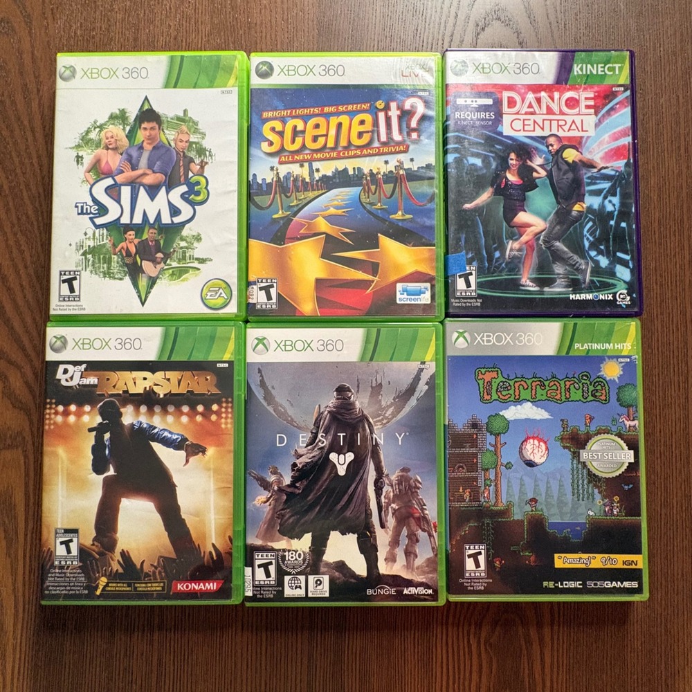 Xbox 360 Game Lot Sims 3 Destiny Terraria Scene It Dance Central Def Jam Rapstar